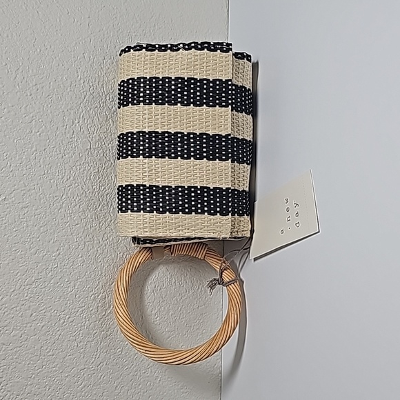 a new day Handbags - A New Day Straw Bracelet Pouch Purse Wristlet Bag Black Natural Striped Tan